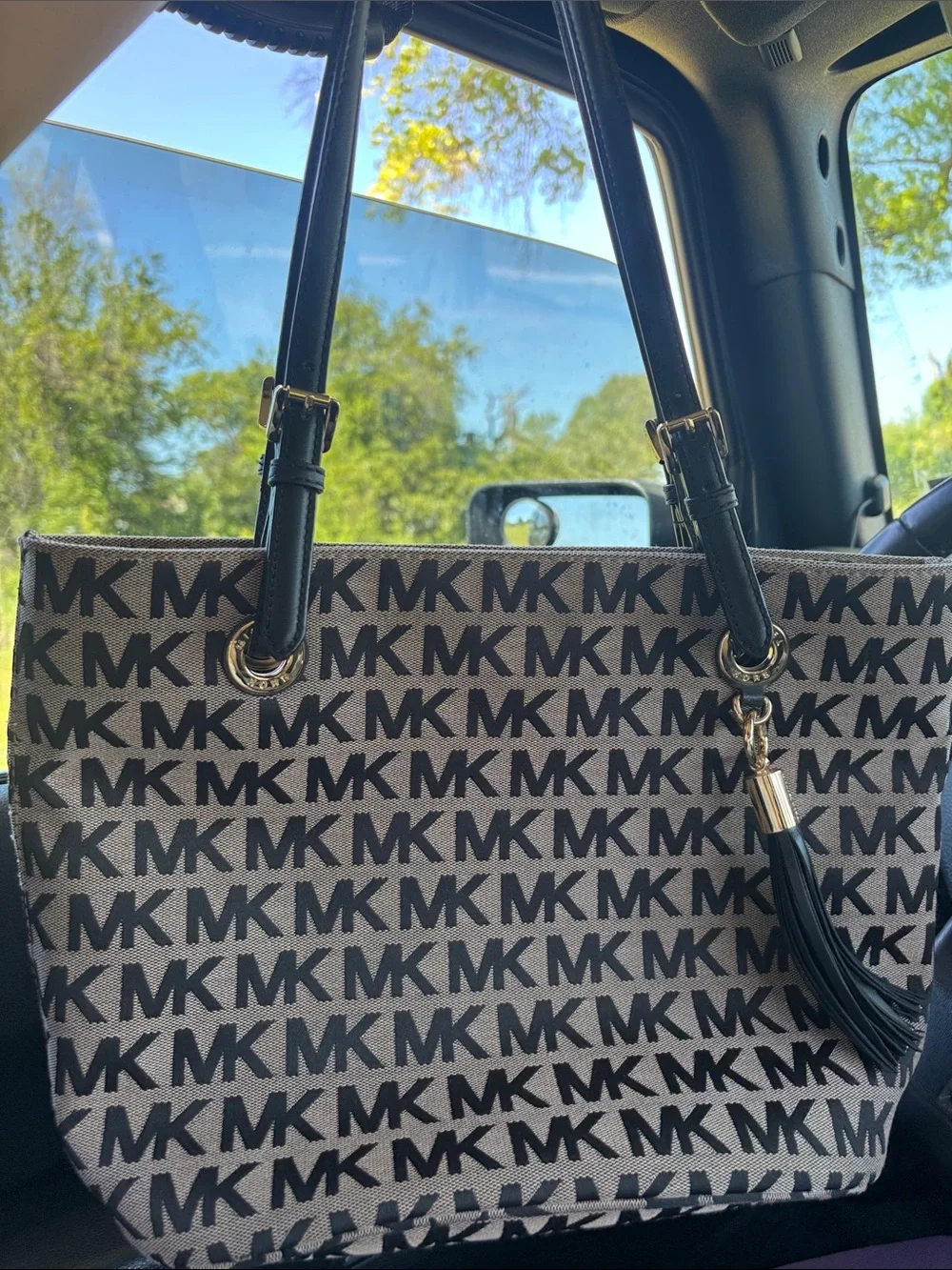 Michael Kors Black and Beige MK Logo Tote with Tassel Charm - Picture 4 of 13